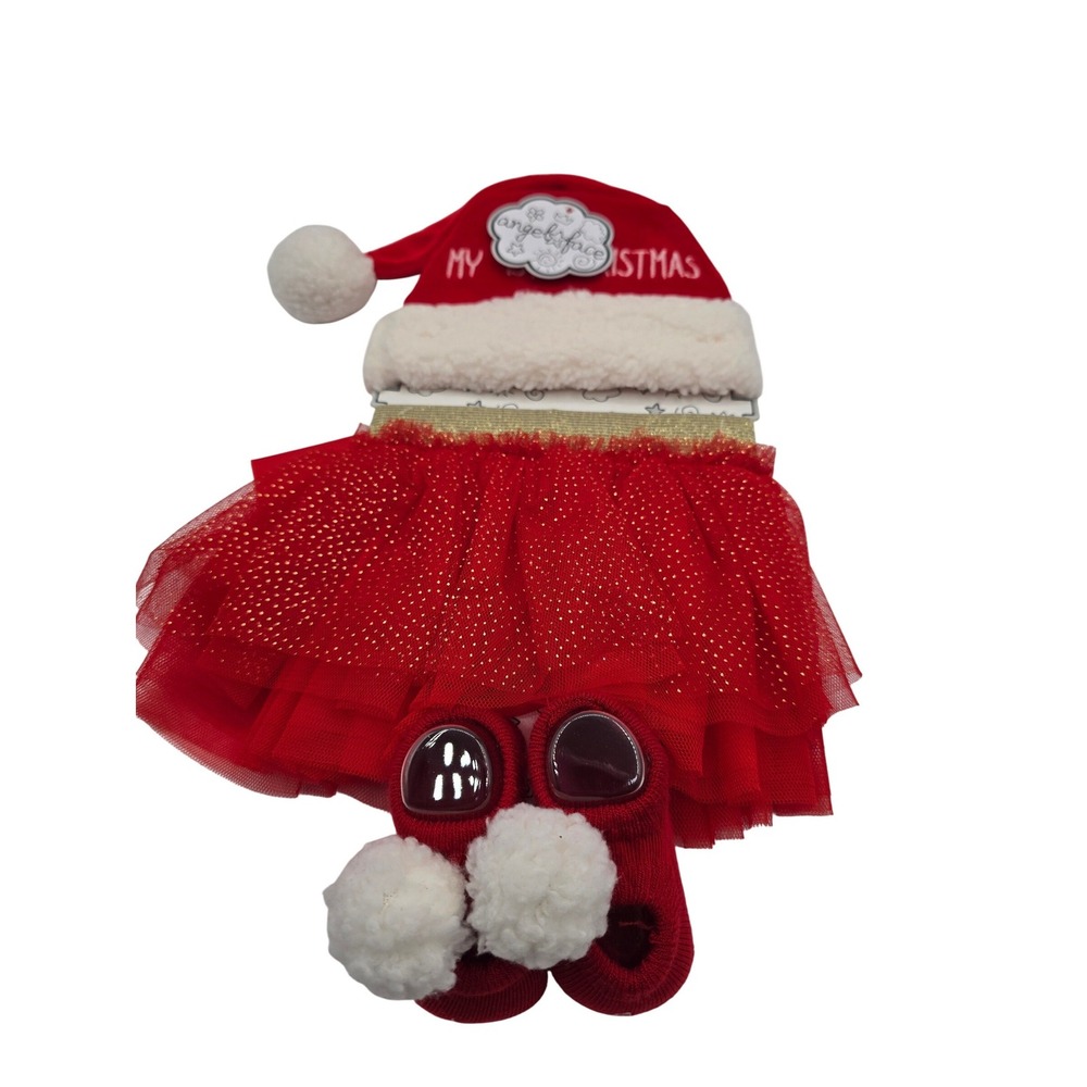 Baby Girls My 1st Christmas Santa Hat Tutu Socks Outfit 0/6 month Red Sparkle